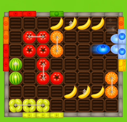Blue fruit squeezing through the matching right-side gate with juice particles