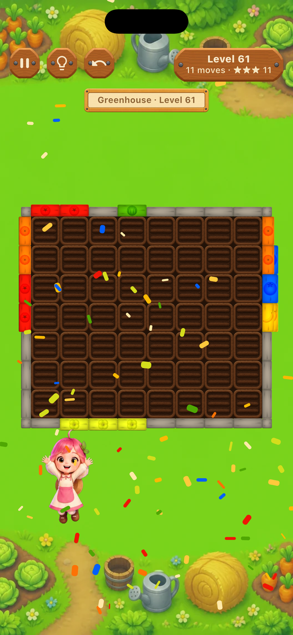 Confetti falling over the cleared level 57 board
